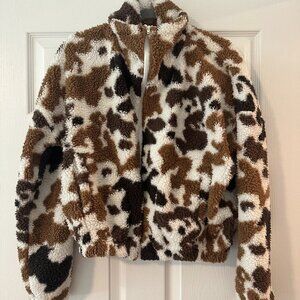 Faux Sherpa Cow Print Zip Jacket – Brown / White – Size M